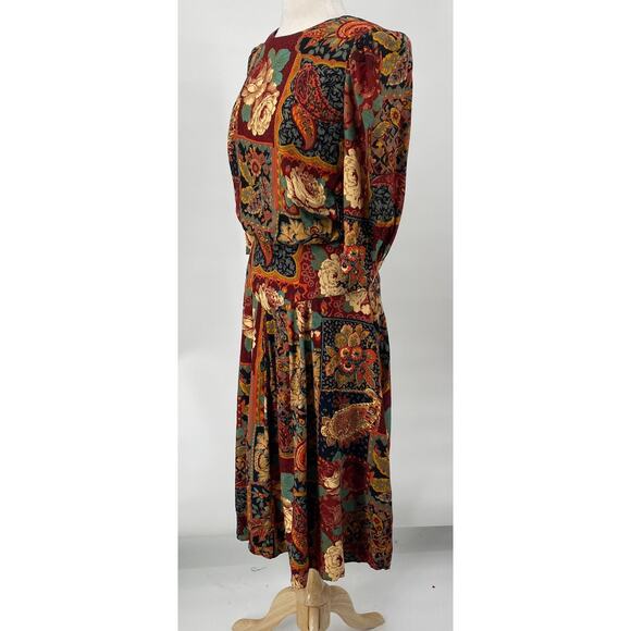Vintage 80s Floral Paisley Patchwork Print Midi Dress Cinched Waist Blouson 8 - Picture 4 of 9